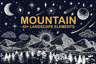 手绘山地景观元素星座山峰星空月亮彗星流星云朵插图插画Ai矢量设计素材Mountain Landscape Elements