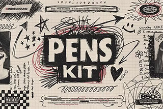 850+款复古Y2K涂鸦手绘钢笔水彩笔标记符号图案PNG免扣元素PS笔刷素材套装 Indieground – Pens Kit