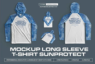 4款长袖连衣帽防晒卫衣印花图案设计PS样机素材 4 Mockups Long Sleeve T-Shirt SunProtect