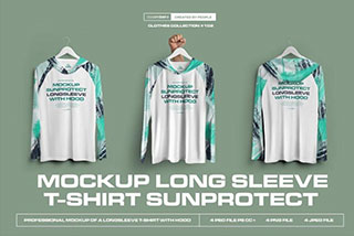 4款简约手提长袖连衣帽卫衣防晒衣设计展示PS样机 4 Mockups Long Sleeve T-Shirt SunProtect on Hangers
