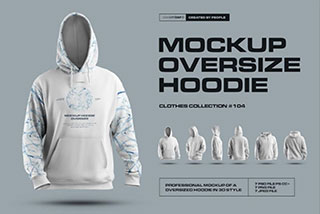 7款男士超大套头连衣帽卫衣印花图案设计PS贴图样机模板素材 7 Mockups Oversize Hoodie in 3D Style