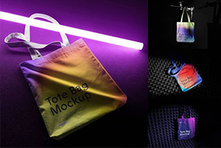 4款暗黑风格霓虹效果手提袋帆布袋设计展示样机模板PSD素材 Tote Bag Mockups / SGNL Series